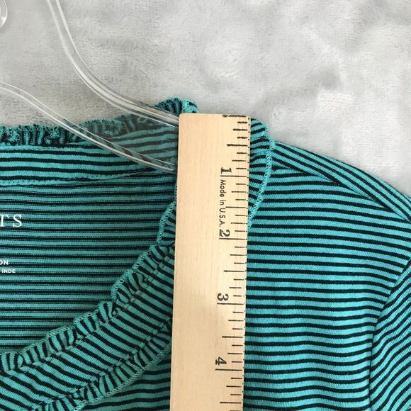 Talbots Top Womens Medium Black Green Stripe Ruffle Quarter Button 3/4 Sleeve - Picture 7 of 8